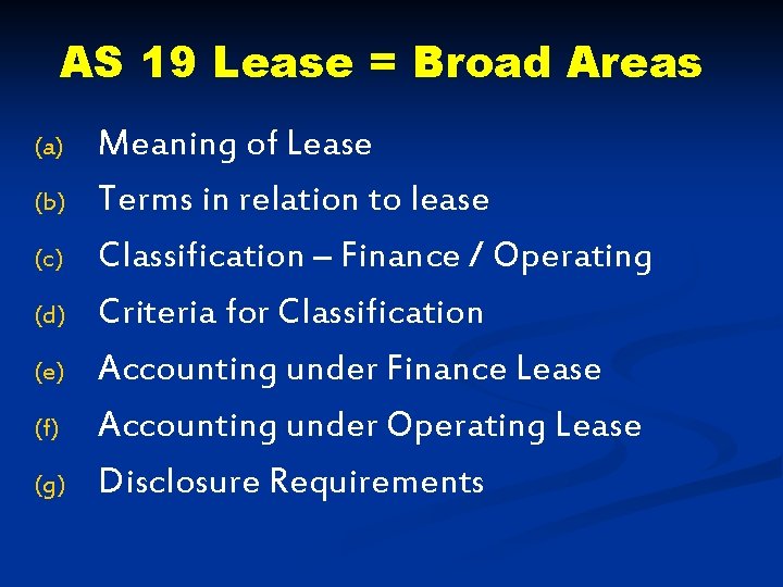 AS 19 Lease = Broad Areas (a) (b) (c) (d) (e) (f) (g) Meaning