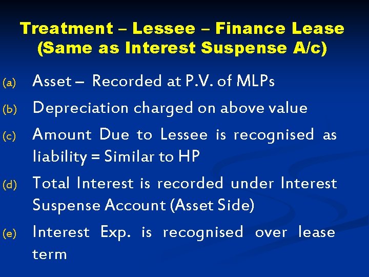Treatment – Lessee – Finance Lease (Same as Interest Suspense A/c) (a) (b) (c)