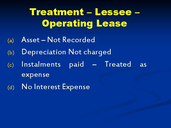 Treatment – Lessee – Operating Lease (a) (b) (c) (d) Asset – Not Recorded