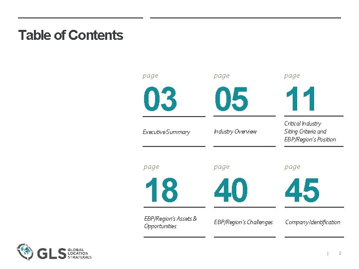 Table of Contents page 03 05 11 Executive Summary Industry Overview Critical Industry Siting