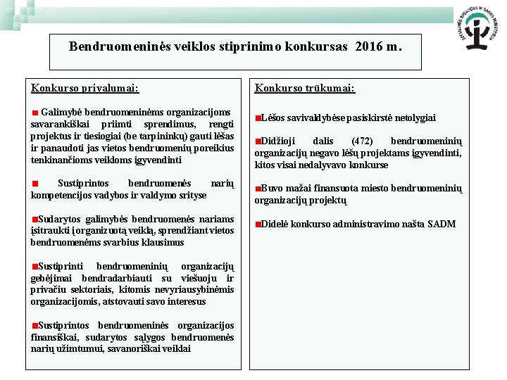 Bendruomeninės veiklos stiprinimo konkursas 2016 m. Konkurso privalumai: Galimybė bendruomeninėms organizacijoms savarankiškai priimti sprendimus,