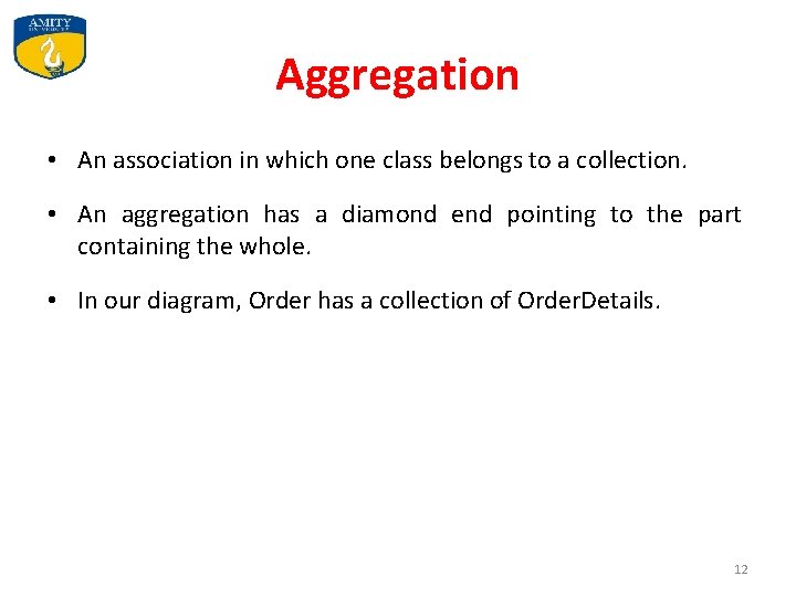 Aggregation • An association in which one class belongs to a collection. • An