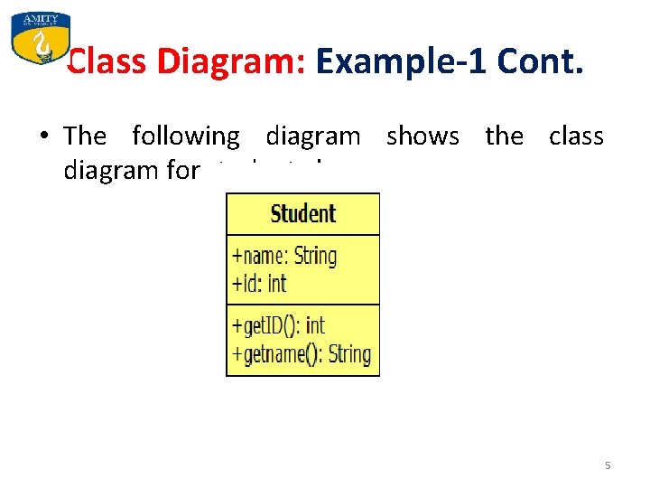Class Diagram: Example-1 Cont. • The following diagram shows the class diagram for student Class Diagram: Example-1 Cont. • The following diagram shows the class diagram for student