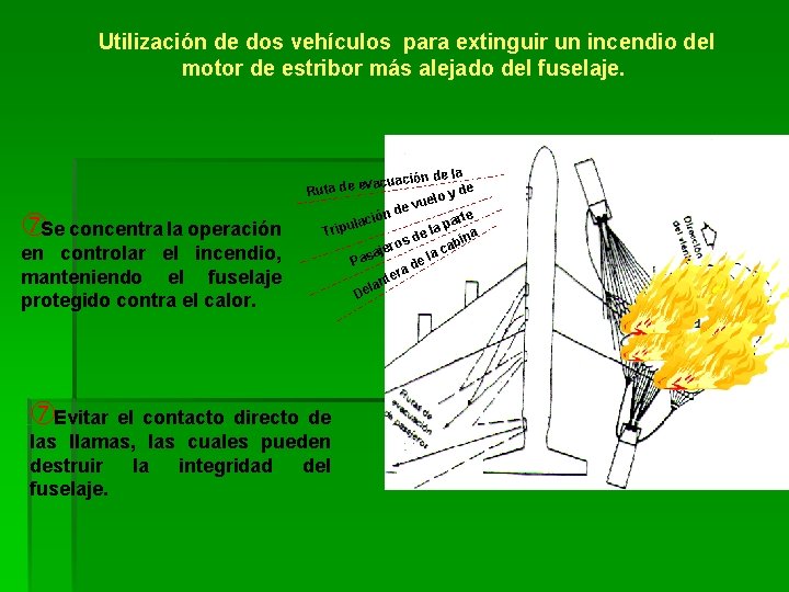 Utilización de dos vehículos para extinguir un incendio del motor de estribor más alejado