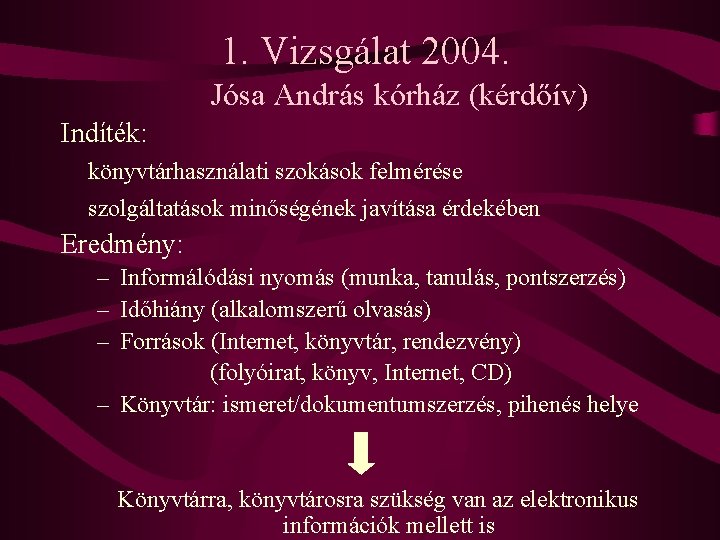 1. Vizsgálat 2004. Jósa András kórház (kérdőív) Indíték: könyvtárhasználati szokások felmérése szolgáltatások minőségének javítása