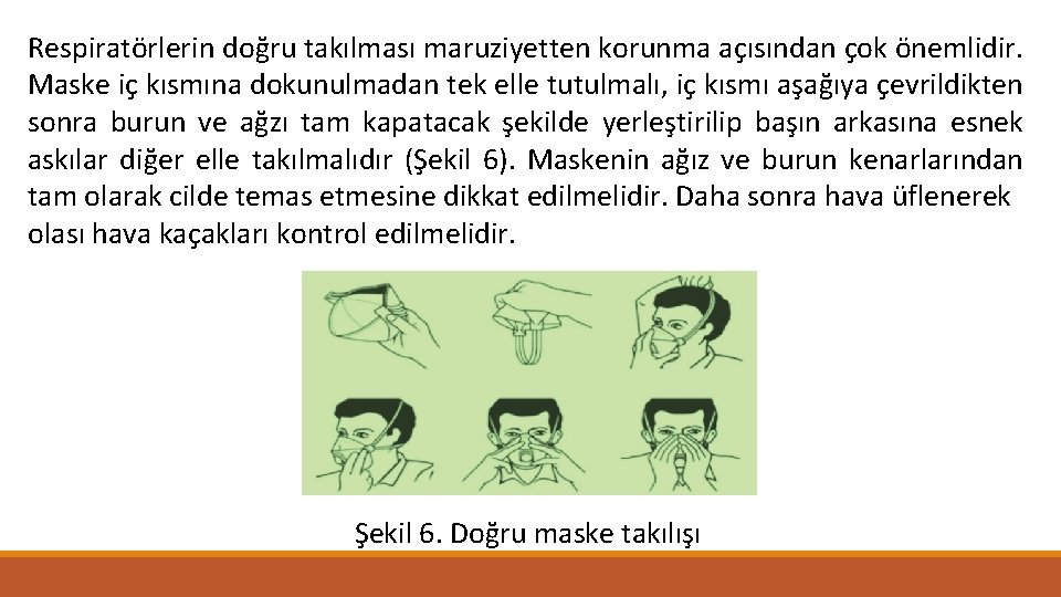 Respiratörlerin doğru takılması maruziyetten korunma açısından çok önemlidir. Maske iç kısmına dokunulmadan tek elle