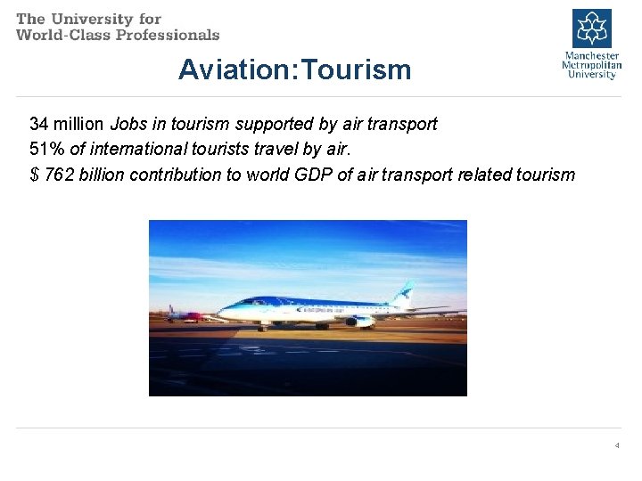 Aviation: Tourism 34 million Jobs in tourism supported by air transport 51% of international