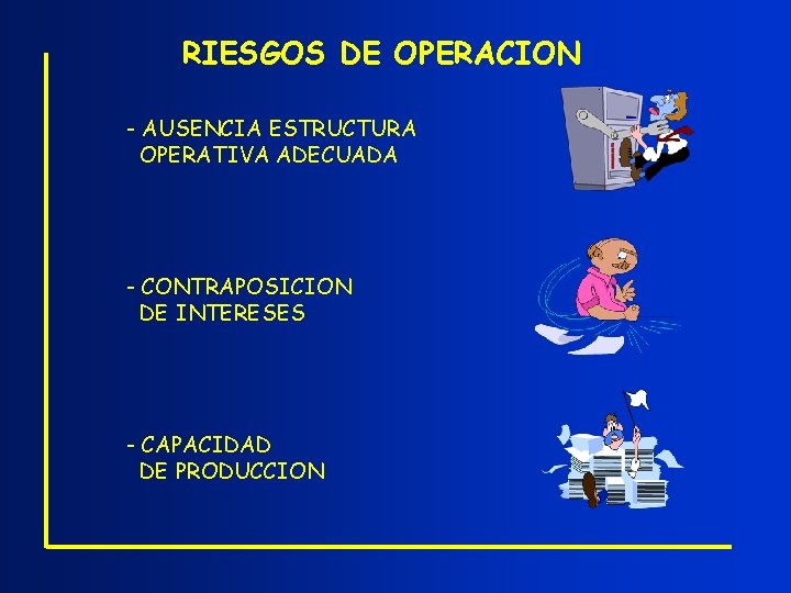 RIESGOS DE OPERACION - AUSENCIA ESTRUCTURA OPERATIVA ADECUADA - CONTRAPOSICION DE INTERESES - CAPACIDAD