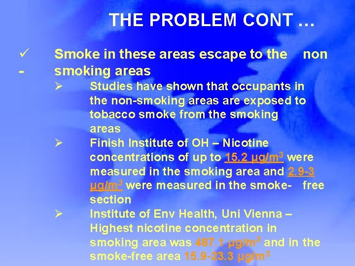 THE PROBLEM CONT … ü - Smoke in these areas escape to the smoking