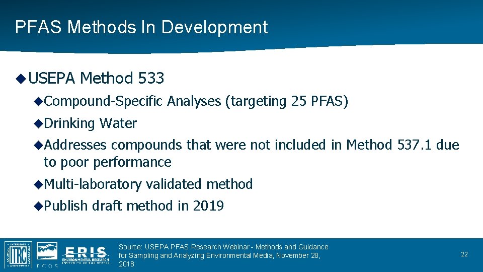 PFAS Methods In Development USEPA Method 533 Compound-Specific Drinking Analyses (targeting 25 PFAS) Water