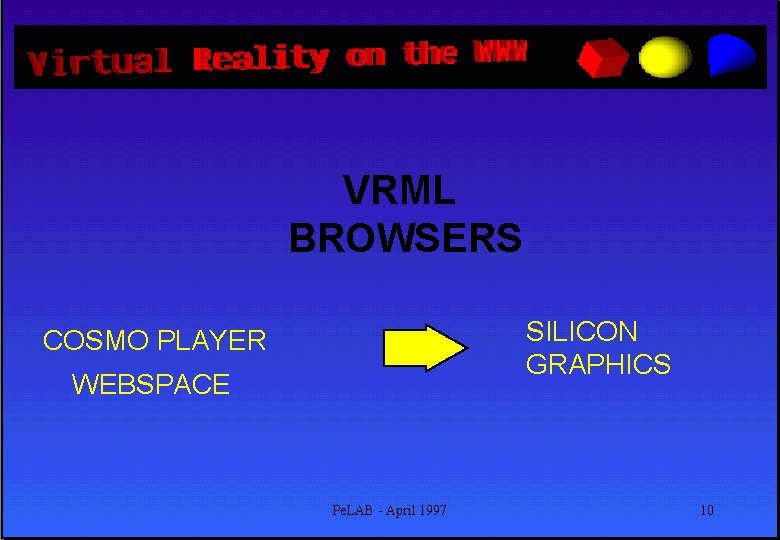 VRML BROWSERS SILICON GRAPHICS COSMO PLAYER WEBSPACE Pe. LAB - April 1997 10 