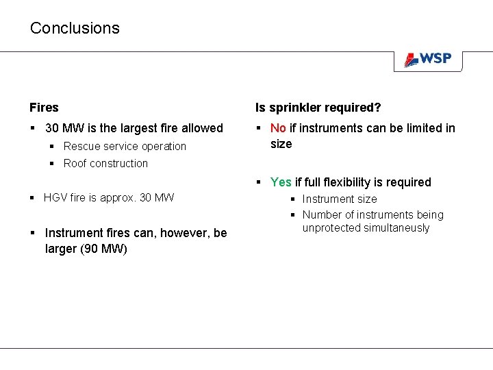 Conclusions Fires Is sprinkler required? § 30 MW is the largest fire allowed § Conclusions Fires Is sprinkler required? § 30 MW is the largest fire allowed §