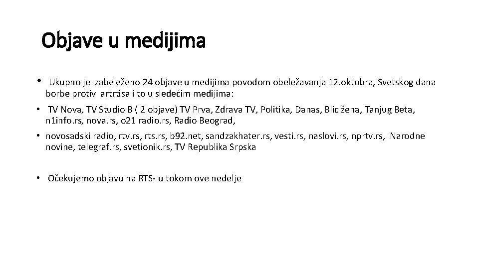 Objave u medijima • Ukupno je zabeleženo 24 objave u medijima povodom obeležavanja 12.