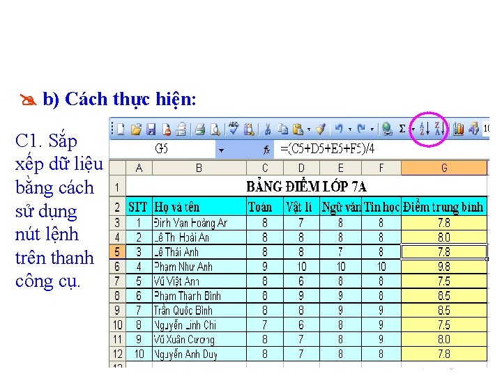  b) Cách thực hiện: C 1. Sắp xếp dữ liệu bằng cách sử