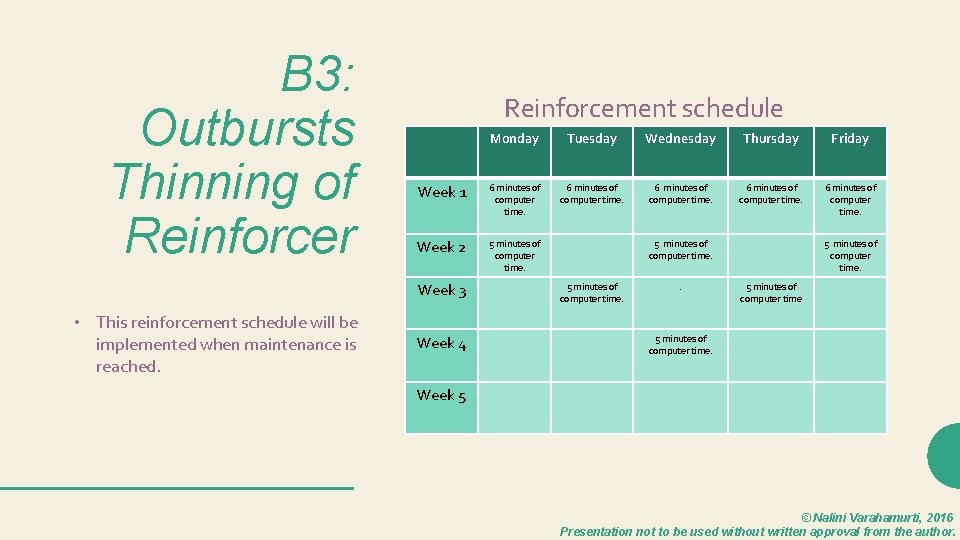 B 3: Outbursts Thinning of Reinforcer Reinforcement schedule Monday Tuesday Wednesday Thursday Friday Week