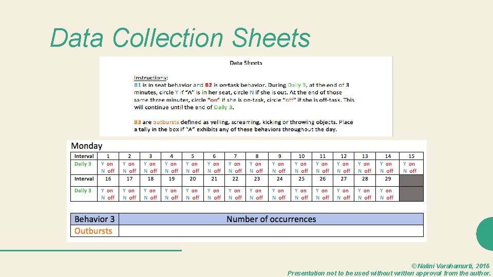 Data Collection Sheets © Nalini Varahamurti, 2016 Presentation not to be used without written