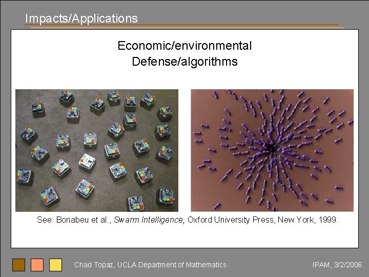 Impacts/Applications Economic/environmental Defense/algorithms See: Bonabeu et al. , Swarm Intelligence, Oxford University Press, New