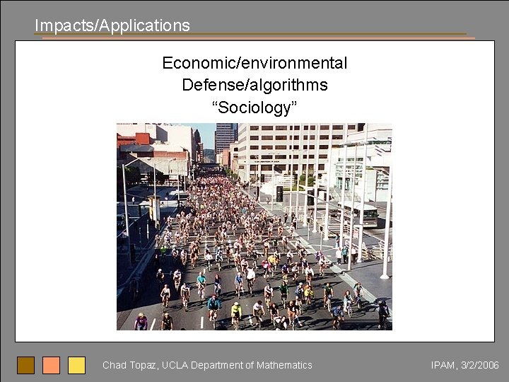 Impacts/Applications Economic/environmental Defense/algorithms “Sociology” Chad Topaz, UCLA Department of Mathematics IPAM, 3/2/2006 