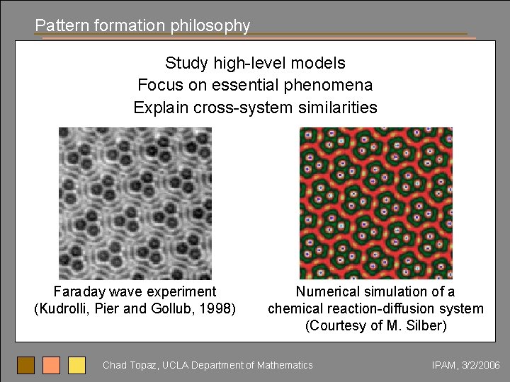 Pattern formation philosophy Study high-level models Focus on essential phenomena Explain cross-system similarities Faraday