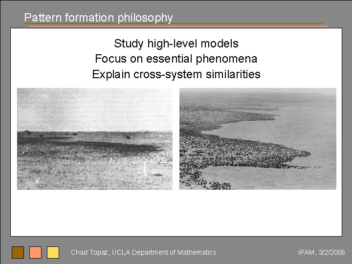 Pattern formation philosophy Study high-level models Focus on essential phenomena Explain cross-system similarities Chad