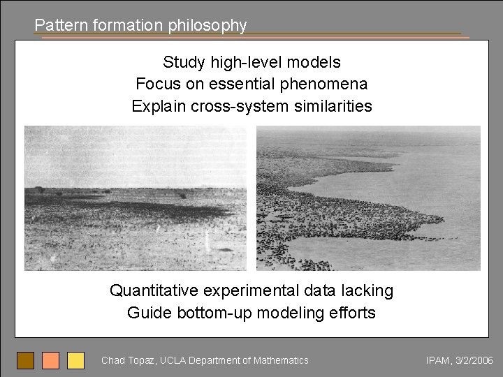 Pattern formation philosophy Study high-level models Focus on essential phenomena Explain cross-system similarities Quantitative