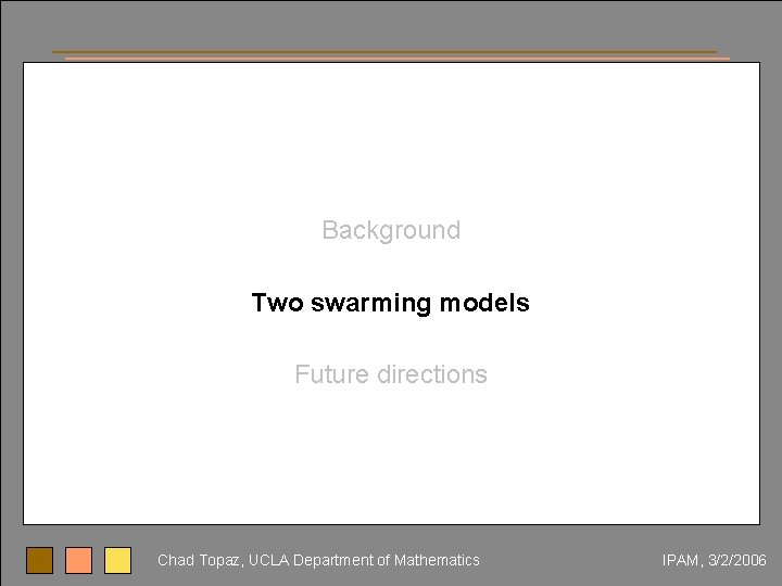 Background Two swarming models Future directions Chad Topaz, UCLA Department of Mathematics IPAM, 3/2/2006