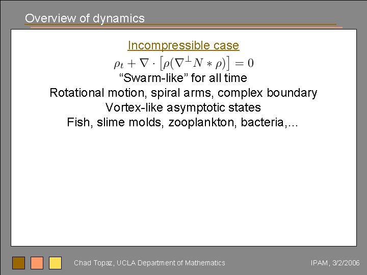 Overview of dynamics Incompressible case “Swarm-like” for all time Rotational motion, spiral arms, complex