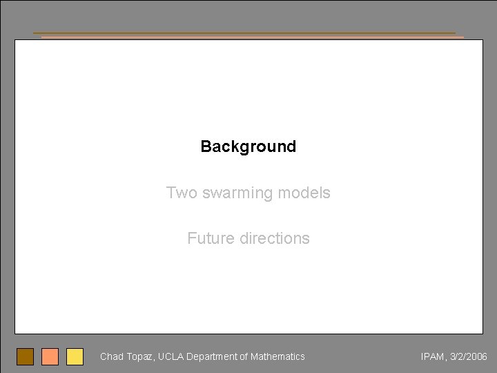 Background Two swarming models Future directions Chad Topaz, UCLA Department of Mathematics IPAM, 3/2/2006