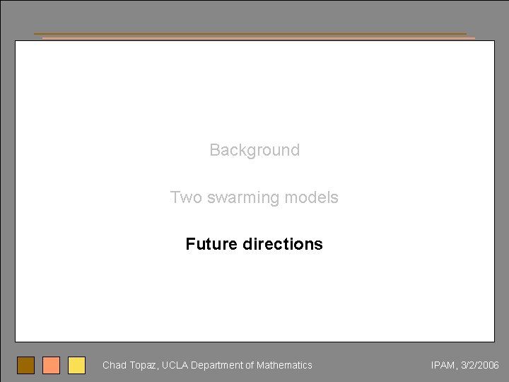 Background Two swarming models Future directions Chad Topaz, UCLA Department of Mathematics IPAM, 3/2/2006