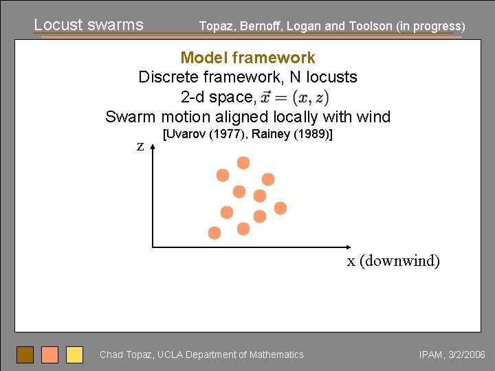 Locust swarms Topaz, Bernoff, Logan and Toolson (in progress) Model framework Discrete framework, N