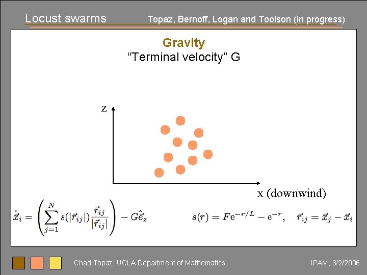 Locust swarms Topaz, Bernoff, Logan and Toolson (in progress) Gravity “Terminal velocity” G z