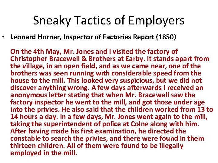 Sneaky Tactics of Employers • Leonard Horner, Inspector of Factories Report (1850) On the