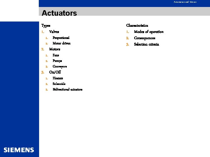 Automation and Motion Actuators Types 1. Valves 1. 2. Proportional Motor driven 1. 2.