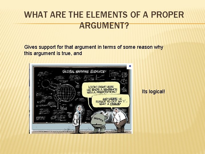 WHAT ARE THE ELEMENTS OF A PROPER ARGUMENT? Gives support for that argument in WHAT ARE THE ELEMENTS OF A PROPER ARGUMENT? Gives support for that argument in