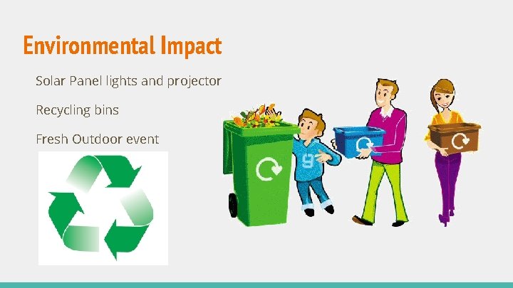 Environmental Impact Solar Panel lights and projector Recycling bins Fresh Outdoor event 