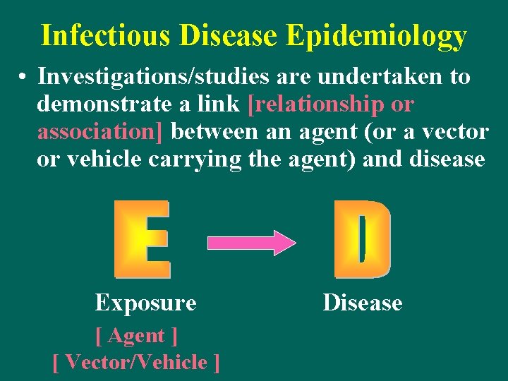 Infectious Disease Epidemiology • Investigations/studies are undertaken to demonstrate a link [relationship or association]
