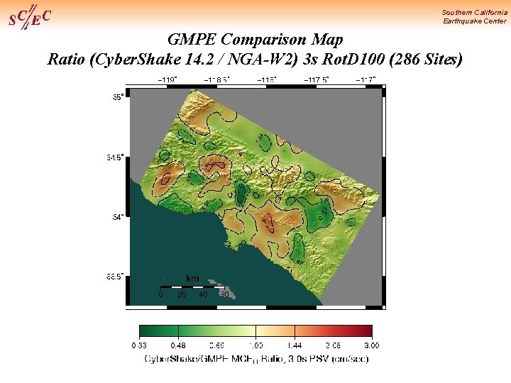 Southern California Earthquake Center GMPE Comparison Map Ratio (Cyber. Shake 14. 2 / NGA-W