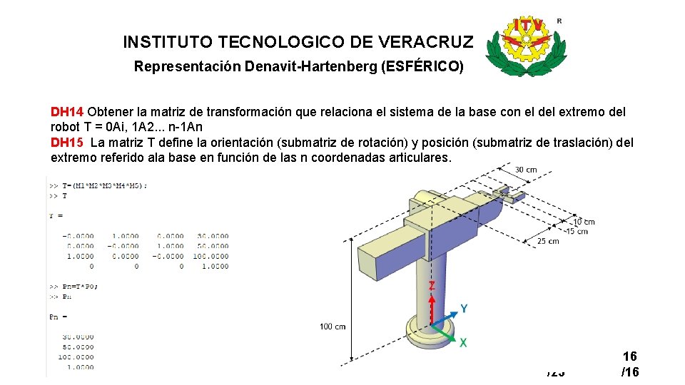 INSTITUTO TECNOLOGICO DE VERACRUZ Representación Denavit-Hartenberg (ESFÉRICO) DH 14 Obtener la matriz de transformación