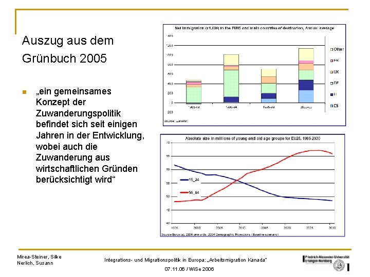 Auszug aus dem Grünbuch 2005 n „ein gemeinsames Konzept der Zuwanderungspolitik befindet sich seit