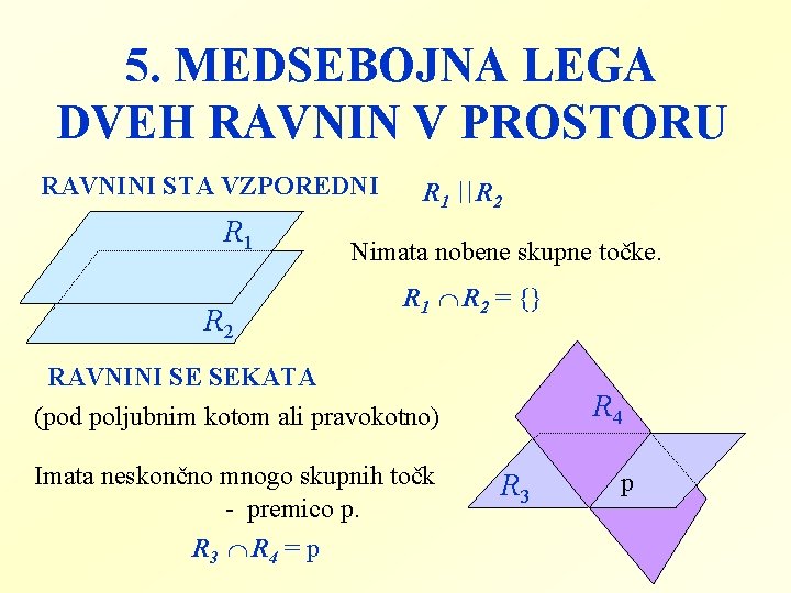 5. MEDSEBOJNA LEGA DVEH RAVNIN V PROSTORU RAVNINI STA VZPOREDNI R 1 R 2