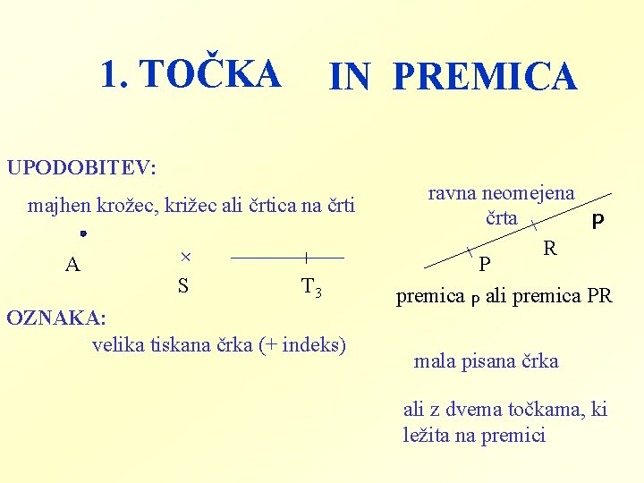 1. TOČKA IN PREMICA UPODOBITEV: majhen krožec, križec ali črtica na črti A +