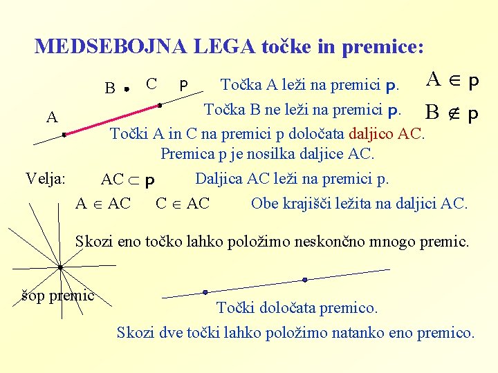 MEDSEBOJNA LEGA točke in premice: B C p Točka A leži na premici p.