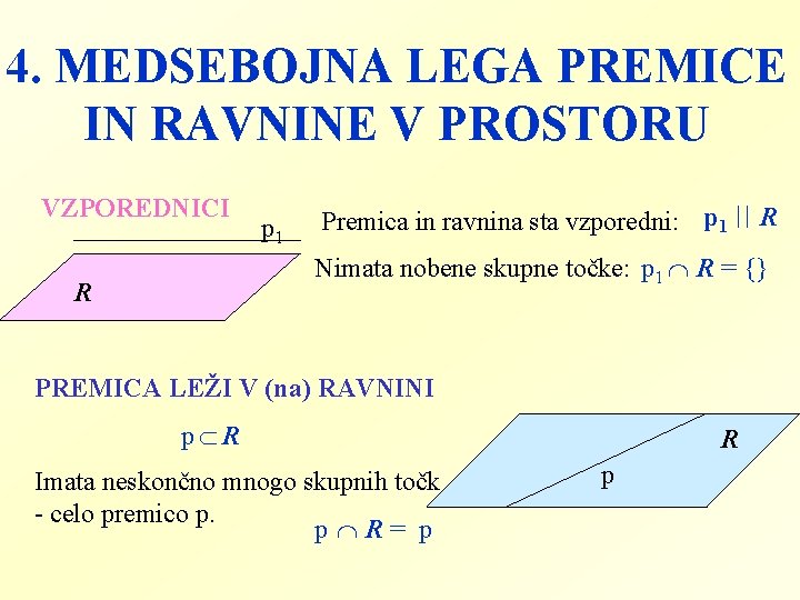 4. MEDSEBOJNA LEGA PREMICE IN RAVNINE V PROSTORU VZPOREDNICI p 1 Premica in ravnina