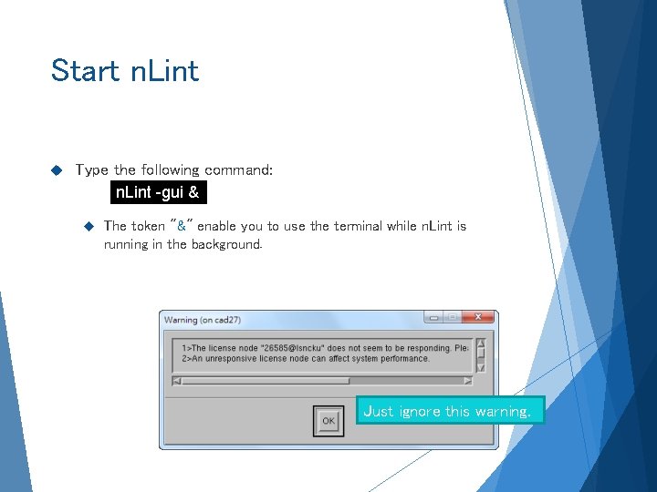 Start n. Lint Type the following command: n. Lint -gui & The token "&"