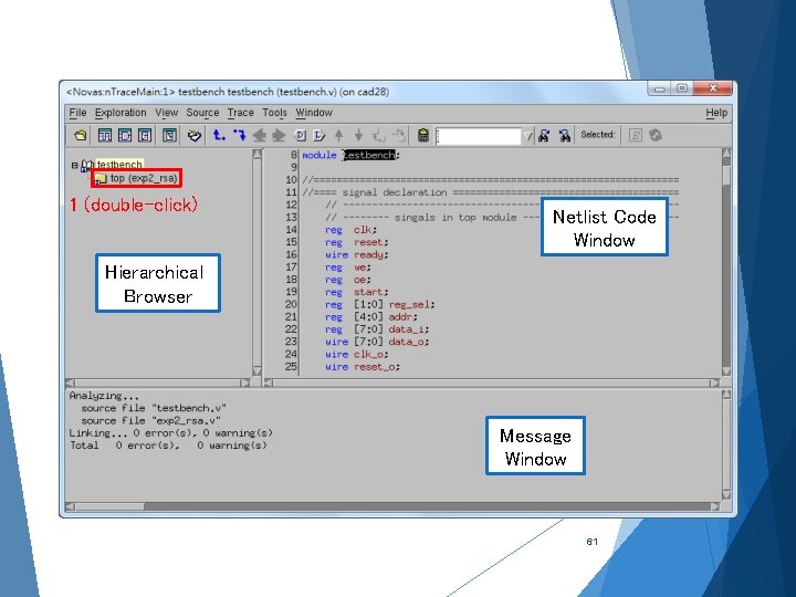 1 (double-click) Netlist Code Window Hierarchical Browser Message Window 61 