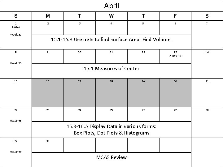 April S M T W T F S 1 Easter 2 3 4 5