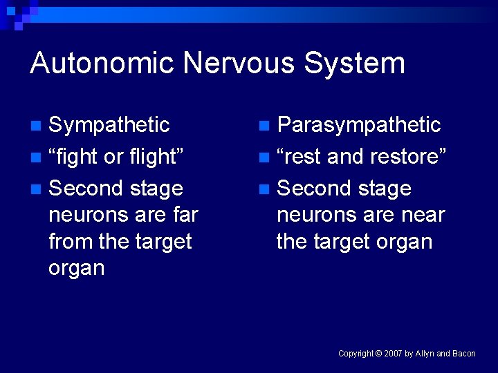 Autonomic Nervous System Sympathetic n “fight or flight” n Second stage neurons are far