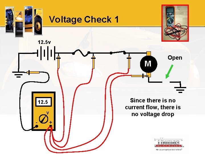 Voltage Check 1 12. 5 v M 12. 5 V - + Open Since