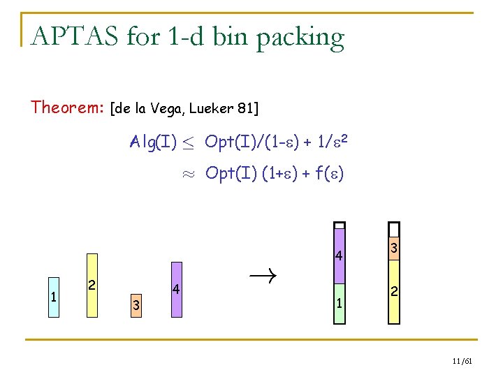 APTAS for 1 -d bin packing Theorem: [de la Vega, Lueker 81] Alg(I) ·