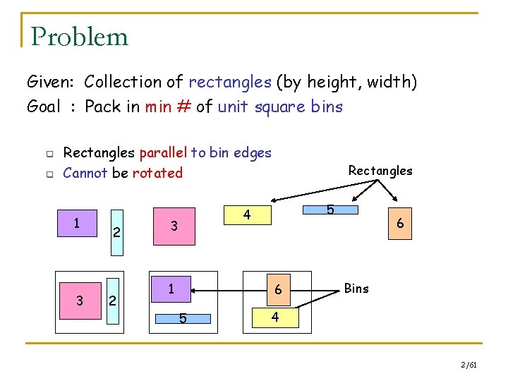 Problem Given: Collection of rectangles (by height, width) Goal : Pack in min #